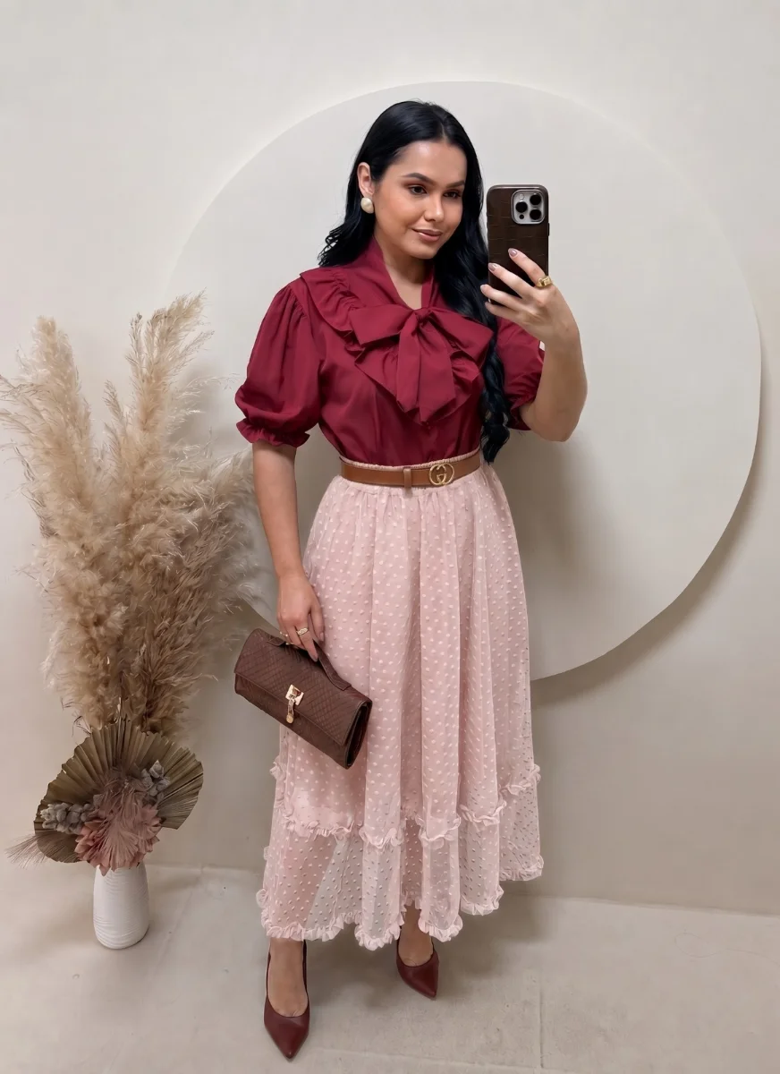 Saia Midi em Tule- Rose