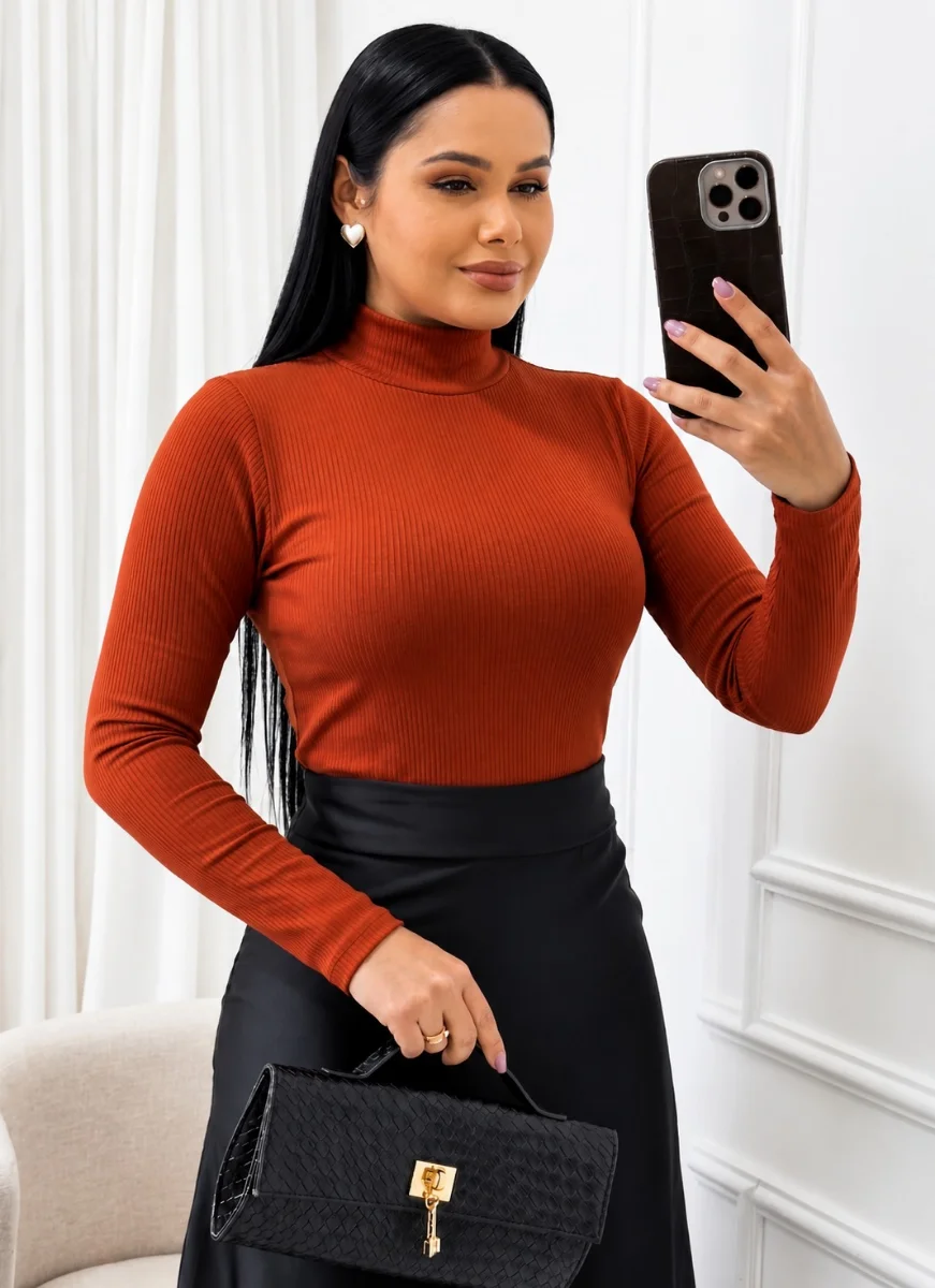 Blusa Gola Alta em Ribana Flanelada cor telha