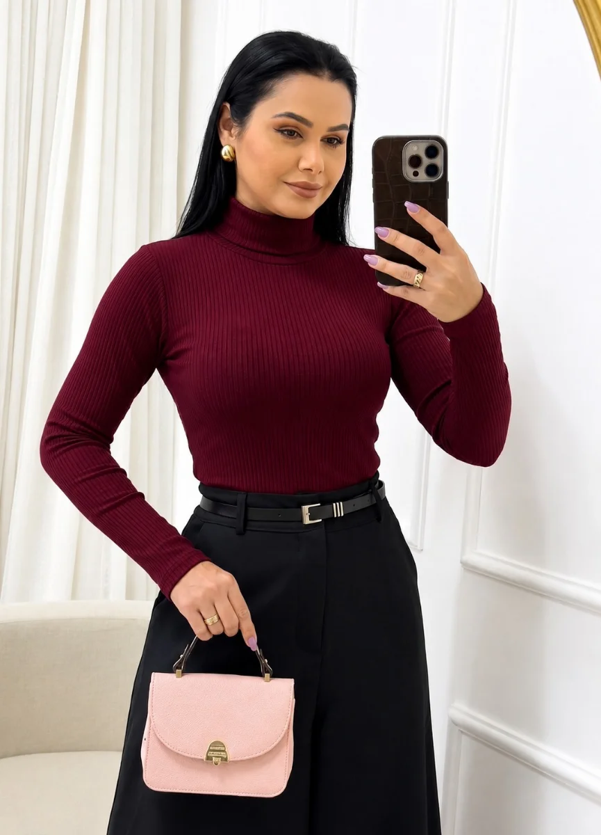 Blusa Gola Alta em Ribana Flanelada cor vinho