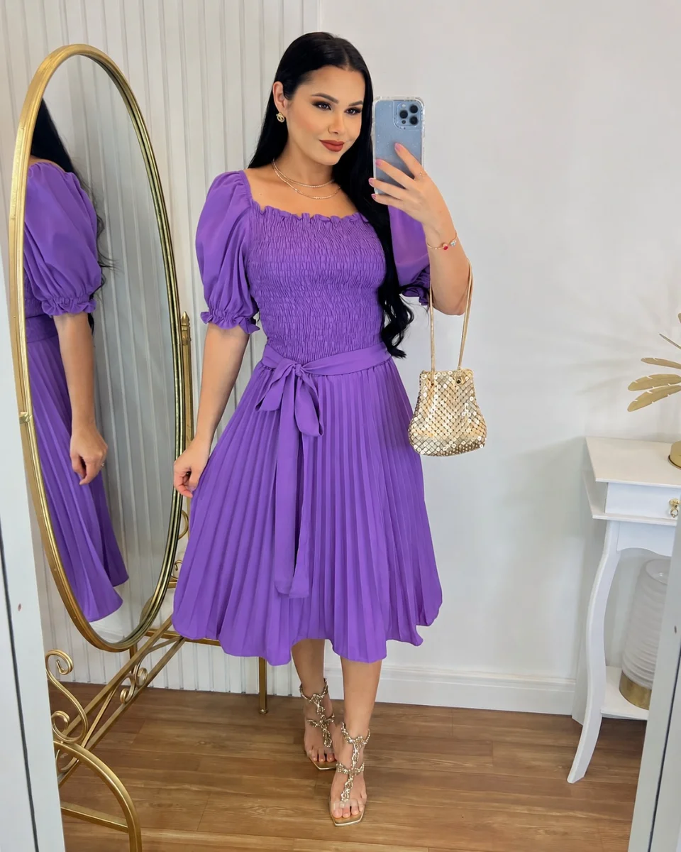 Vestido Plissado Midi Forrado Tecido Crepe Seda com lastex-Lilas forte