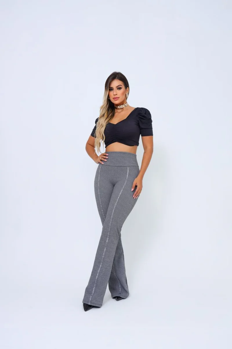 Calça Flare social bailarina Cinza com todo estilo com detalhe de cirre e cintura alta - 2