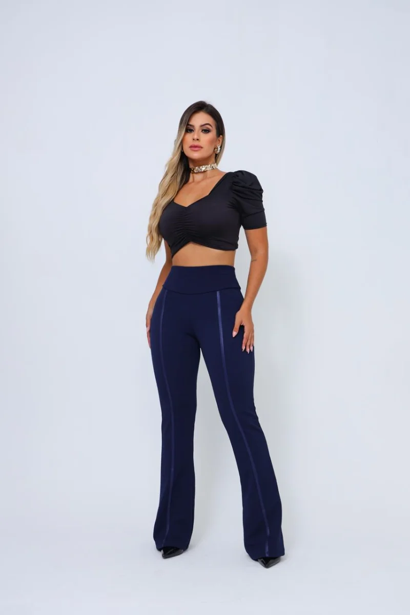 Calça Flare social bailarina Azul Marinho com todo estilo com detalhe de cirre e cintura alta - 2