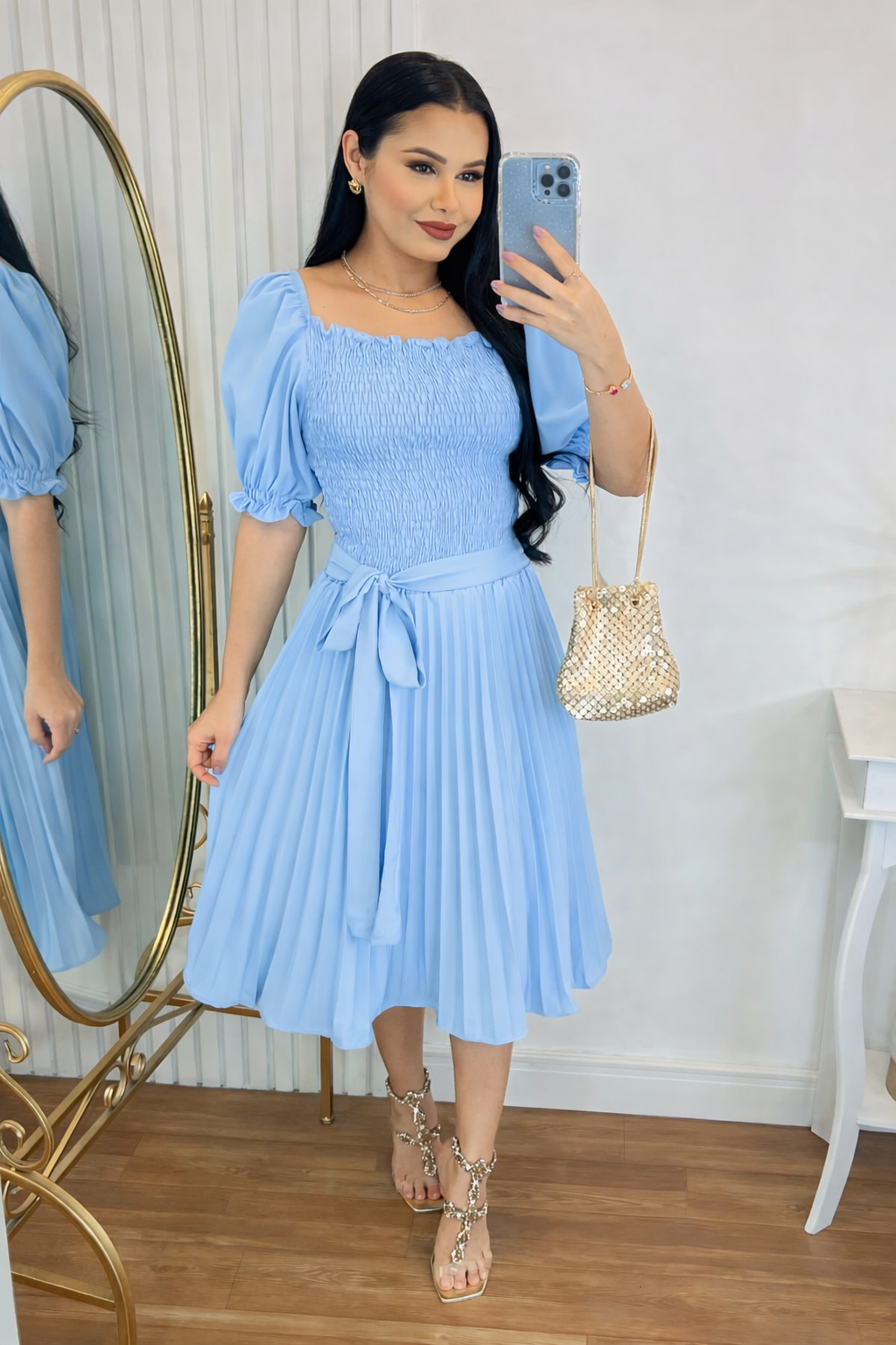 Vestido Plissado Midi Forrado Tecido Crepe Seda com lastex-Azul bebe