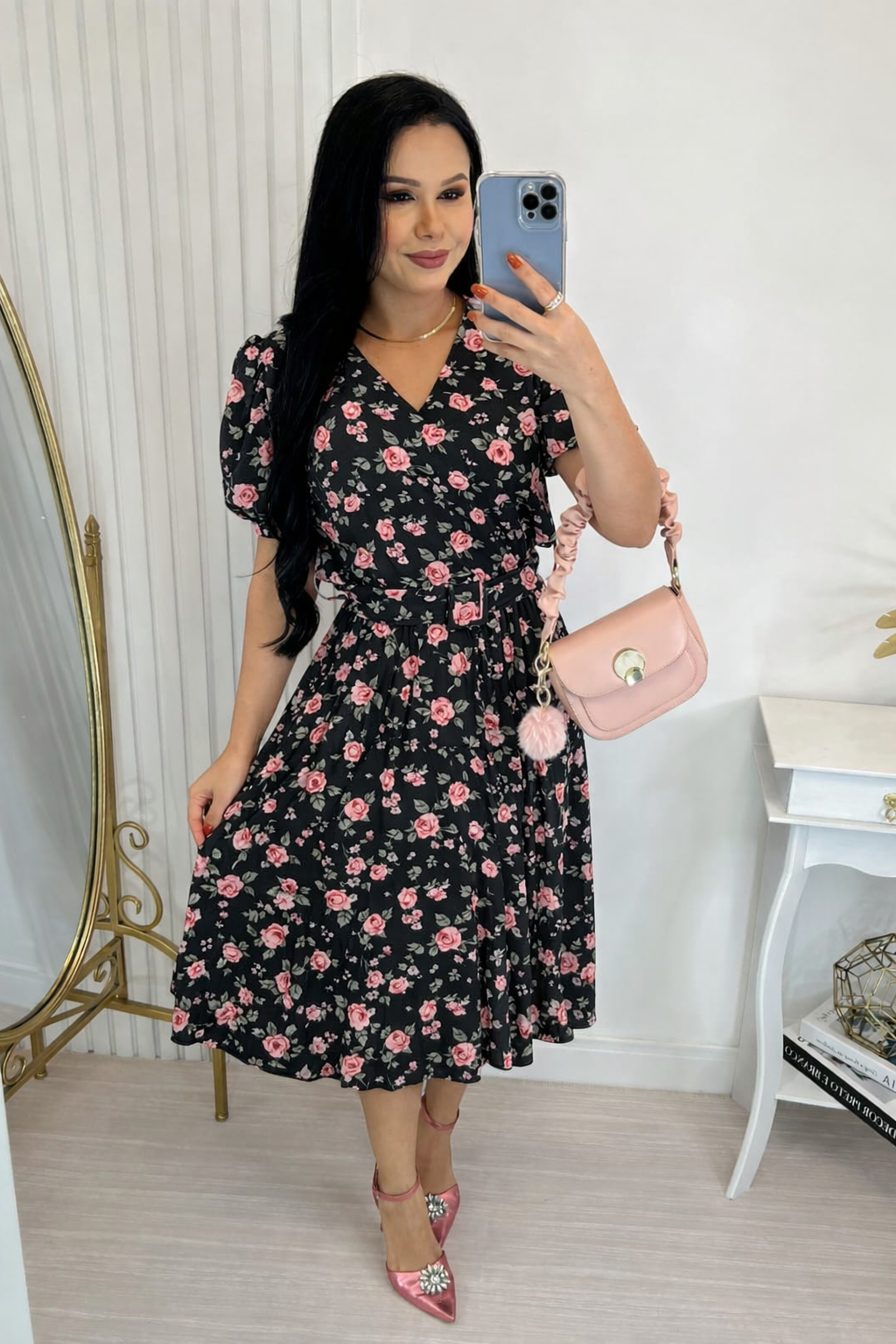 Vestido Plissado Midi Forrado Tecido Crepe Seda-Preto