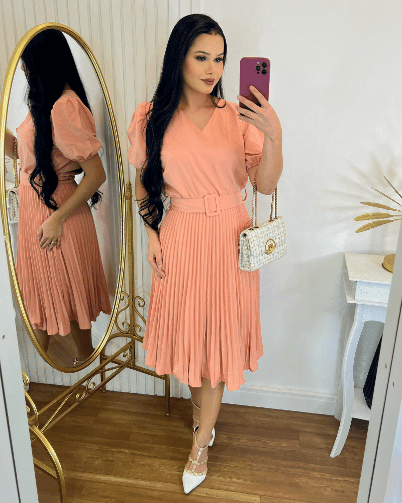 Vestido Plissado Midi Forrado - Tecido Crepe Seda- Cor Rose Gold