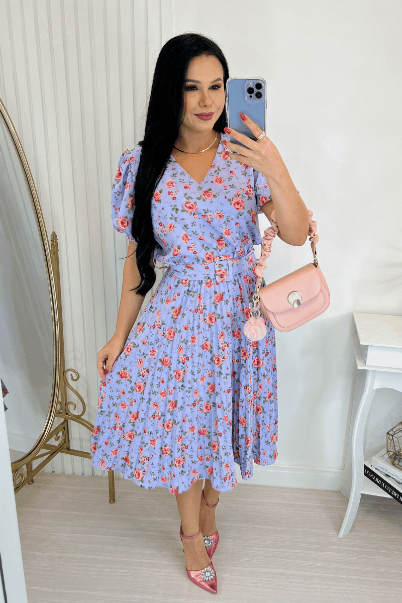 Vestido Plissado Midi Forrado - Tecido Crepe Seda- Lilás