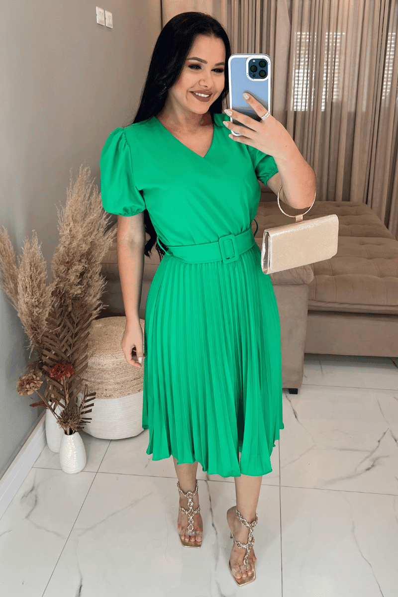 Vestido Plissado Midi Forrado Tecido Crepe Seda- Verde Bandeira