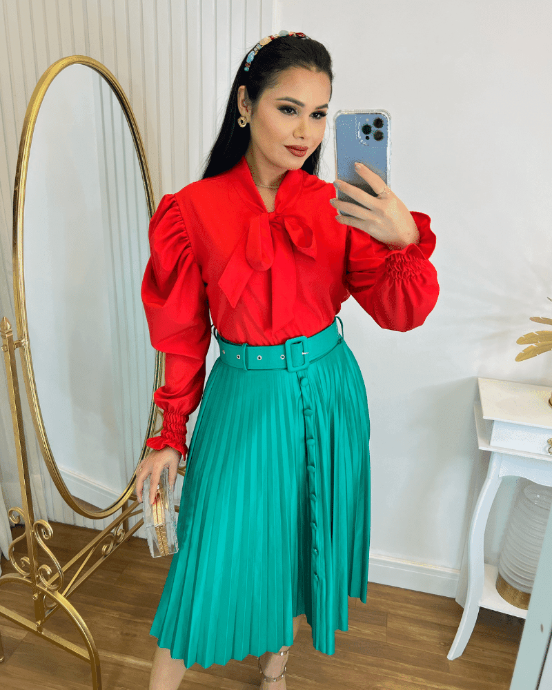Blusa Manga Longa Tecido Crepe Seda Vermelho