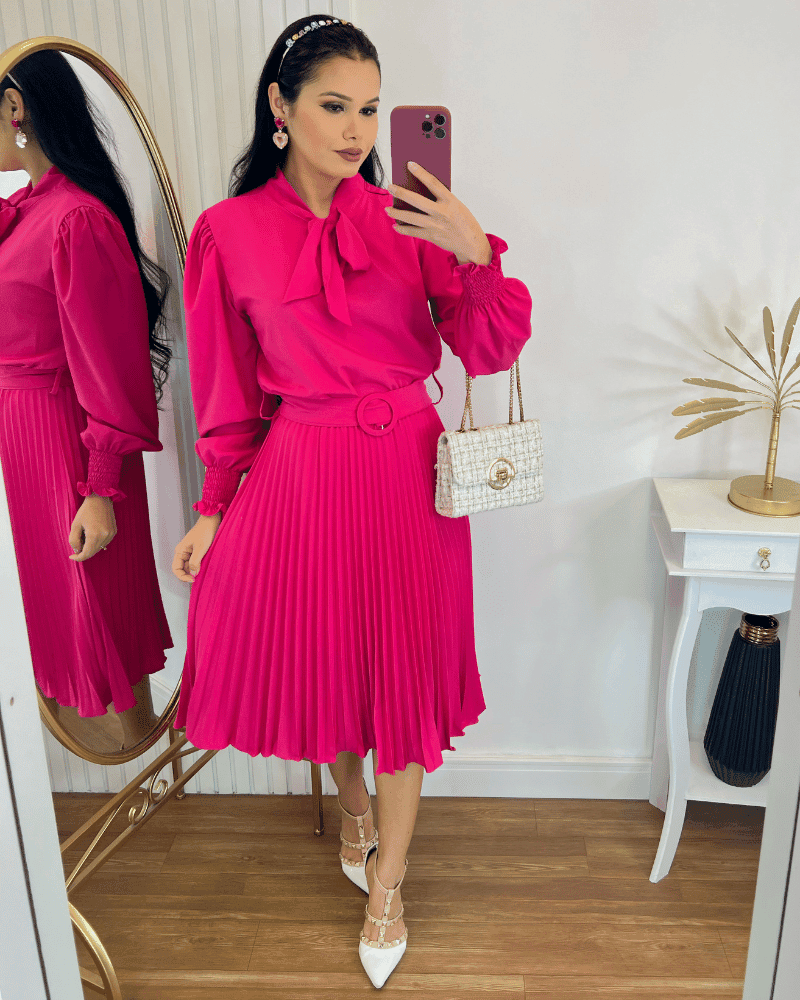 Vestido Plissado Midi Forrado Manga longa- Tecido Crepe Seda-Rosa Pink