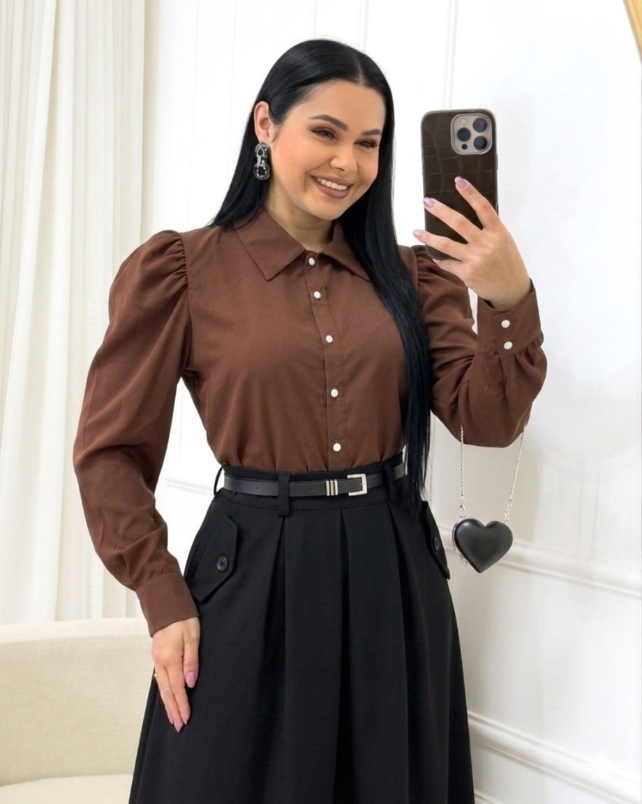 Camisa com gola Manga Longa Tecido Crepe Seda Marrom