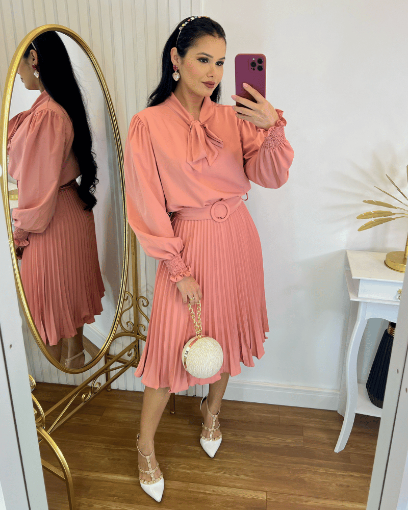 Vestido Plissado Midi Forrado Manga longa- Tecido Crepe Seda-Rosé