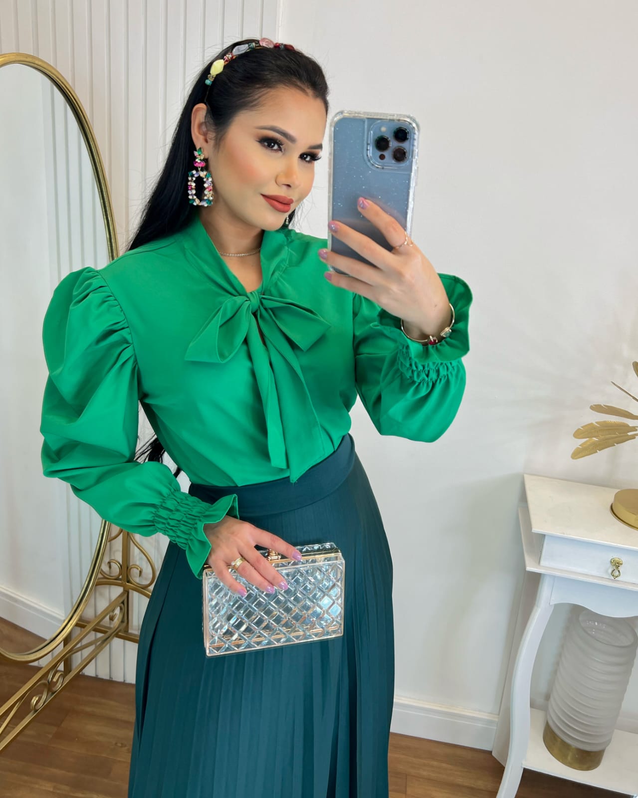 Blusa Manga Longa Tecido Crepe Seda Verde bandeira