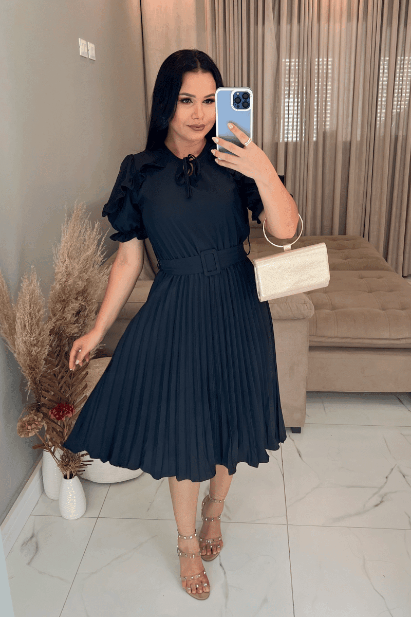 Vestido Plissado Midi Forrado Tecido Crepe Seda- Preto