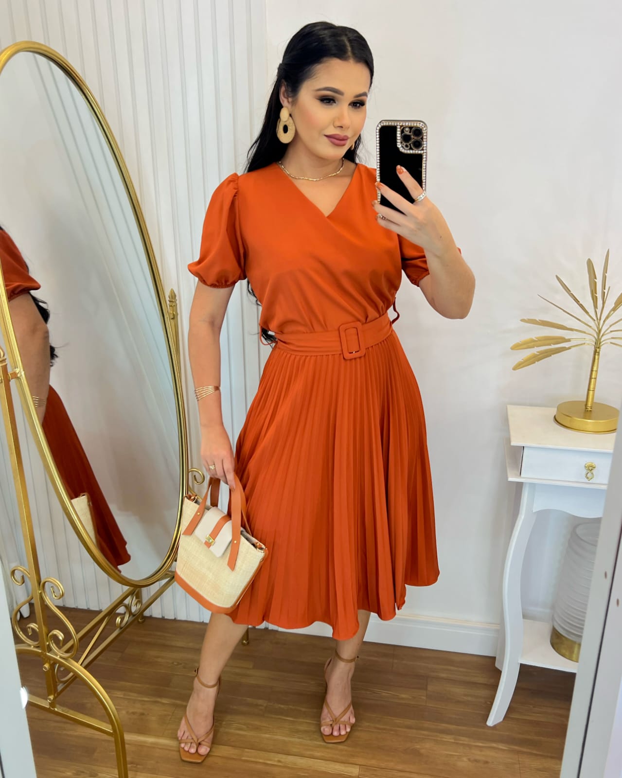 Vestido Plissado Midi Forrado Tecido Crepe Seda-Terra Cota