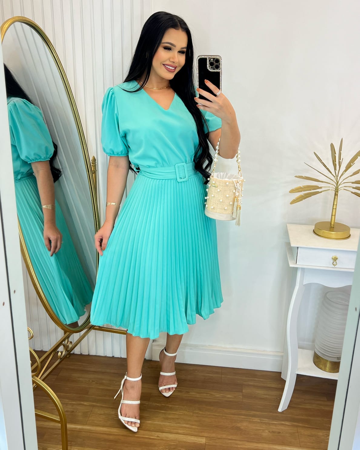 Vestido Plissado Midi Forrado - Tecido Crepe Seda- Azul Tiffany