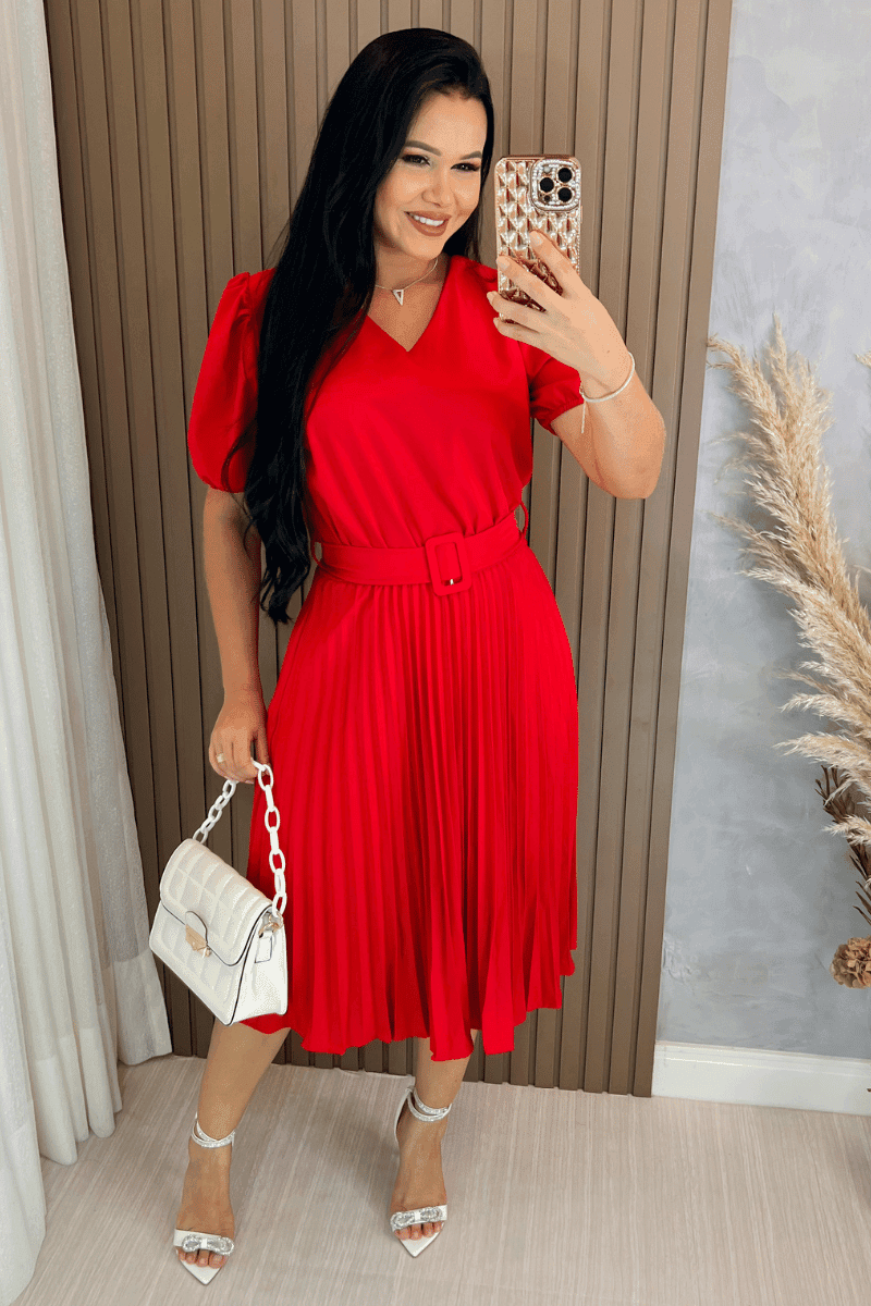 Vestido plissado Midi Forrado Tecido Crepe Seda-Vermelho