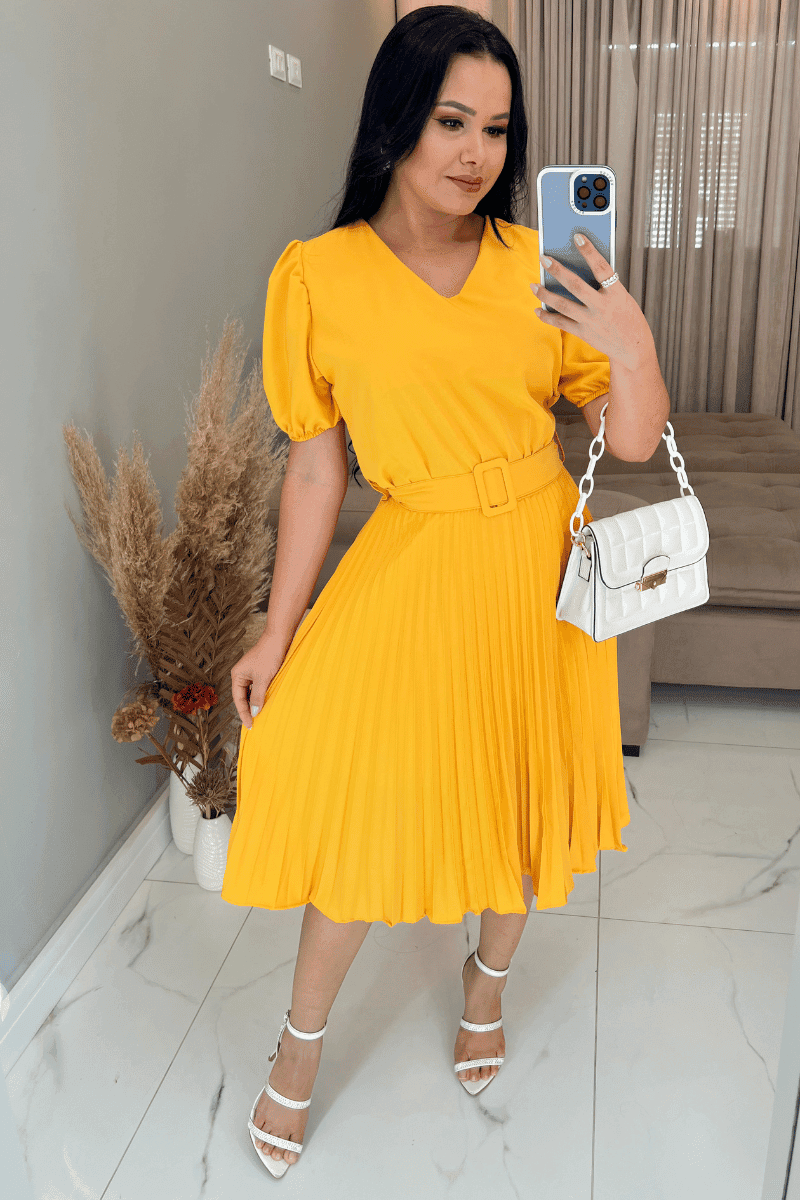 Vestido Plissado Midi Forrado Tecido Crepe Seda- Amarelo