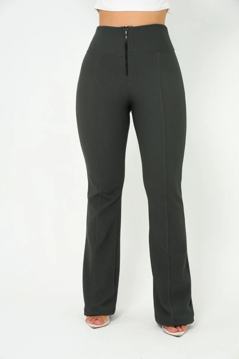 Calça feminina Flare Cor Verde Musgo Malha pop com zíper forrado - 4