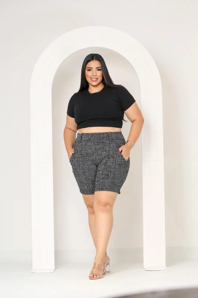 Shorts feminino Plus Size jackar linho Cinza Grafite mesclado com cinto fixo