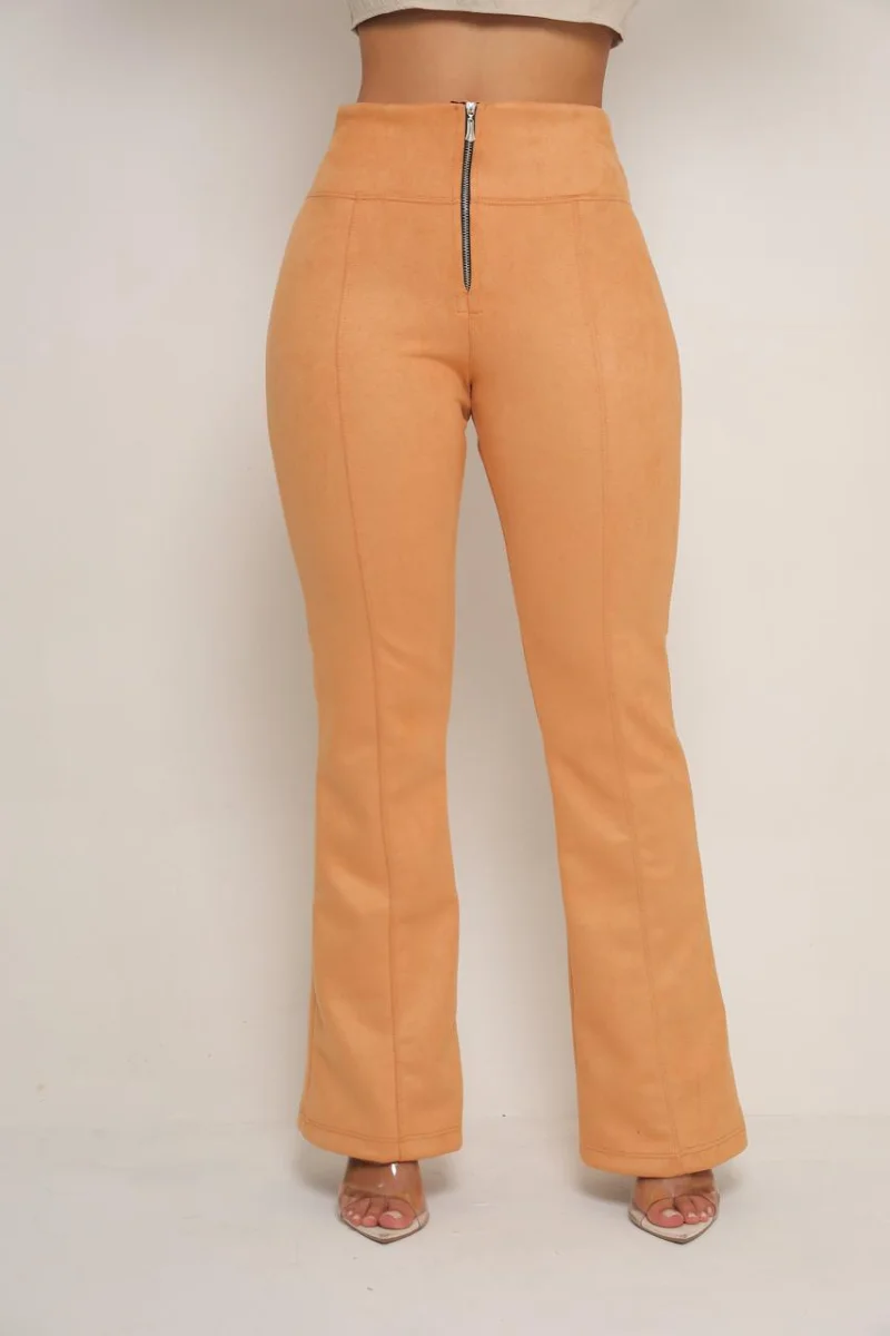 Calça Flare Escuba suede de zíper Cor Bege - 3