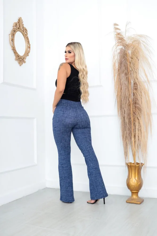 Calça flare Cor Azul Mesclada Social Bailarina Jacquard linho com cinto fixo com bastante elastano e cintura alta - 2