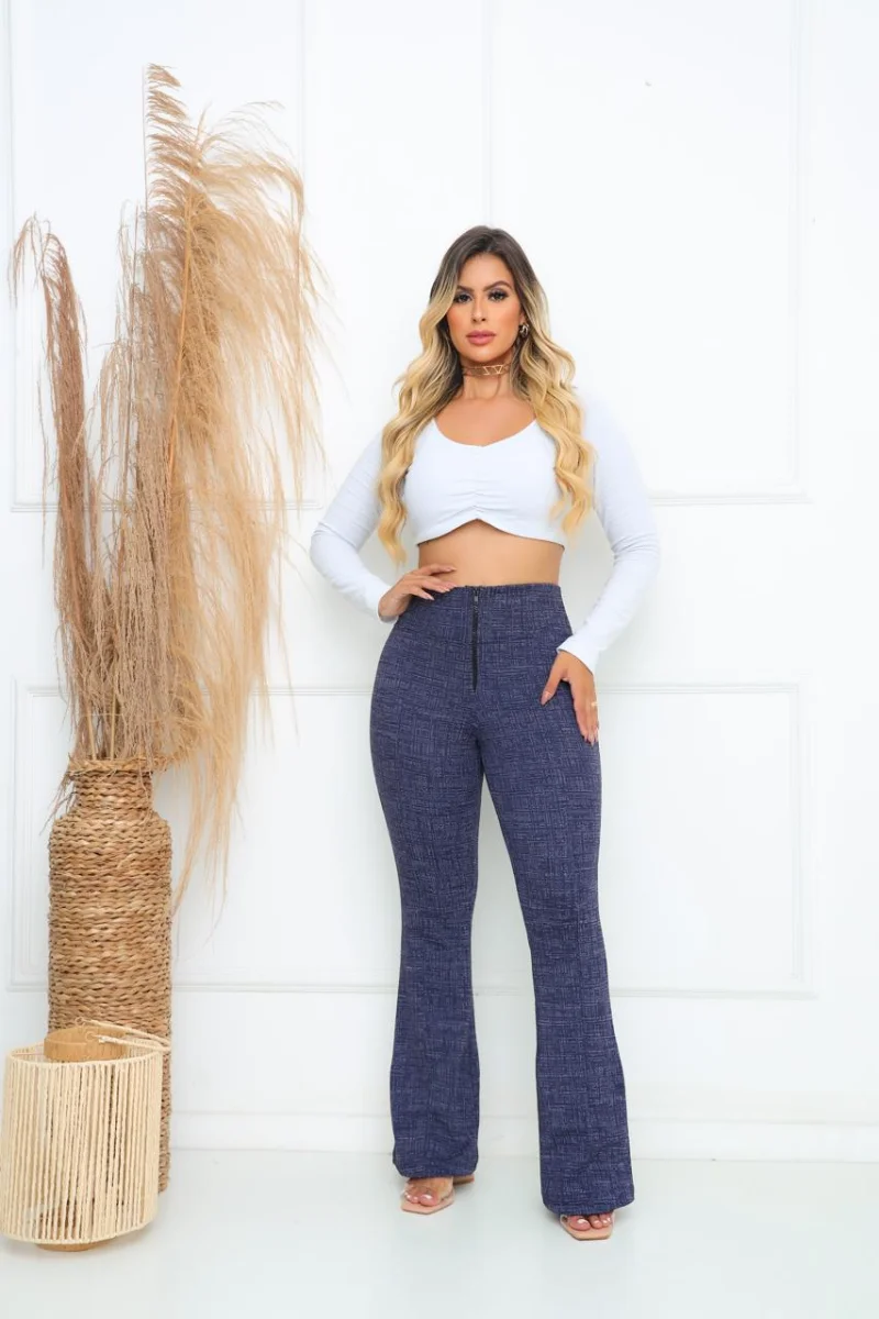 Calça Flare Jackar Linho Cor Azul Mescla