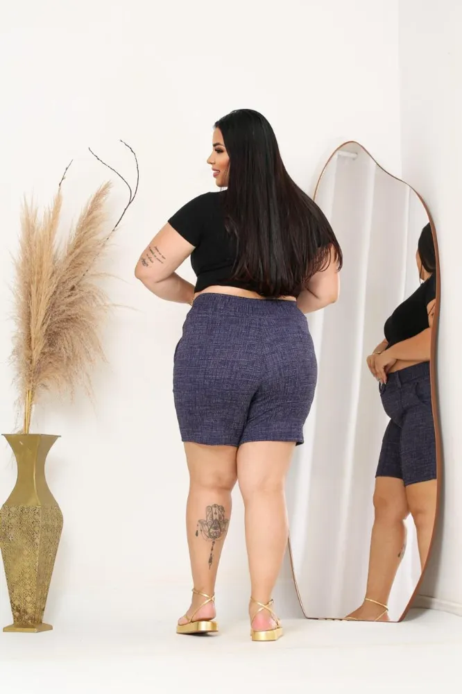 Shorts feminina plus Size jackar linho Azul mesclado com cinto fixo - 4