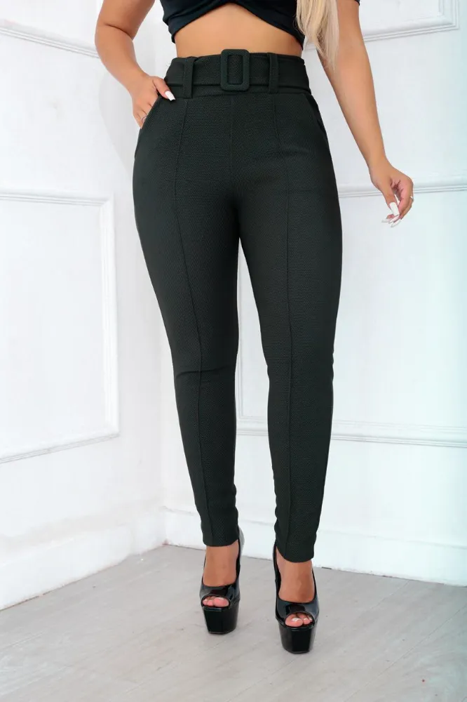 Calça leggings social Cor Verde Musgo tecido pop com cinto fixo e com elástano cintura alta - 3