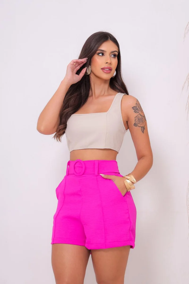Shorts Feminino Com Cinto Tecido Duna Liso Pink - 2