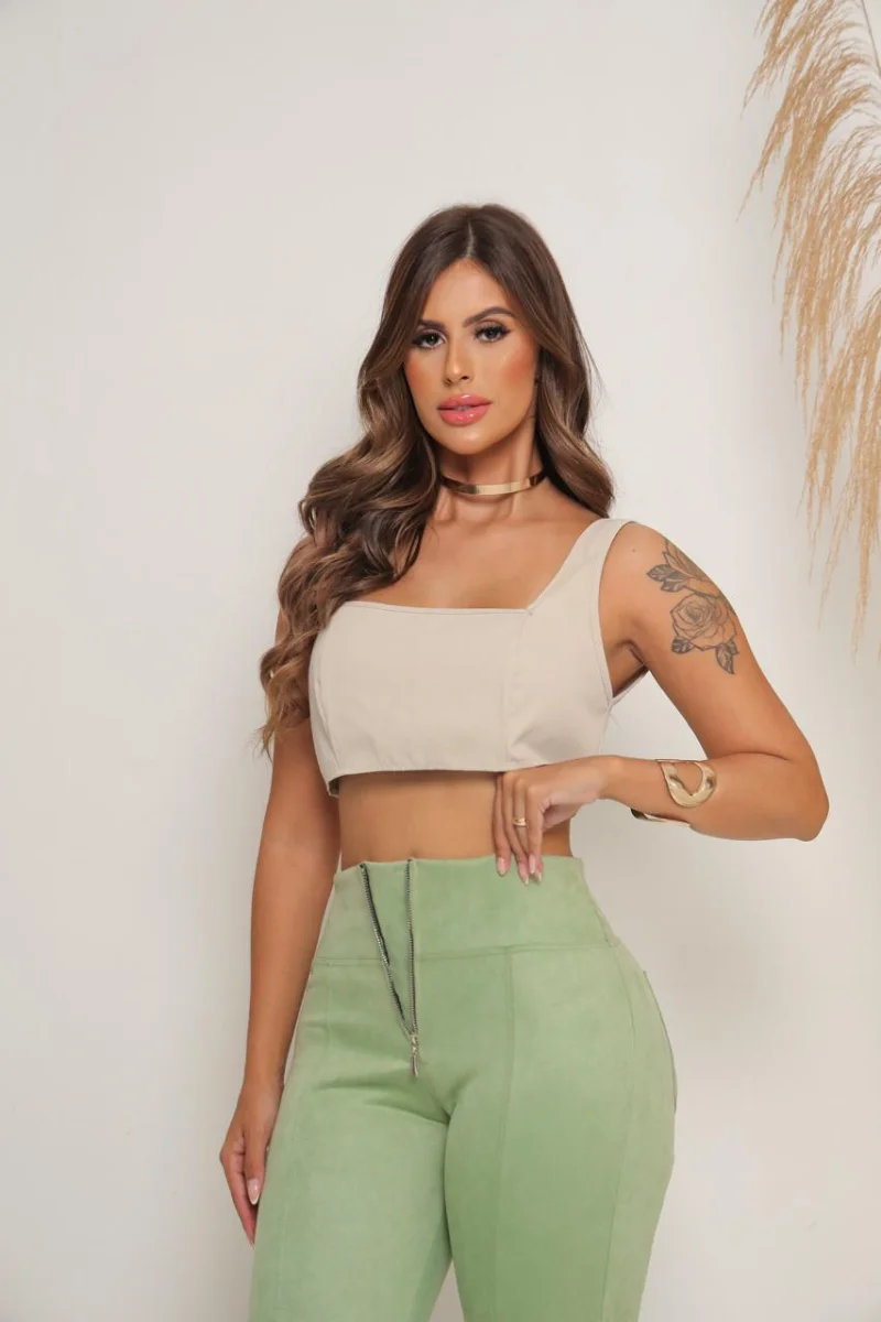 Calça Flare Escuba suede de zíper Cor verde Olivia - 3