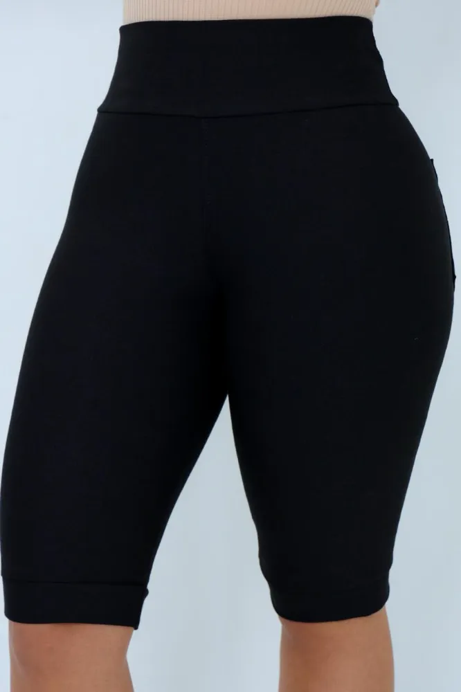 Bermuda Jeans Cotton Malha PA Preta lisa Cintura Alta - 2