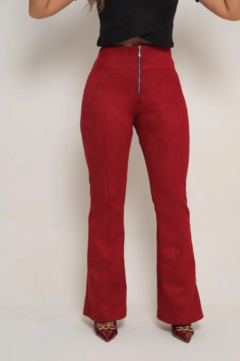 Calça Flare Escuba suede de zíper Cor Vinho - 3