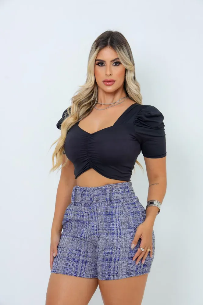 Short Feminino jackar linho Marinho Mesclada com cinto fixo com elastano