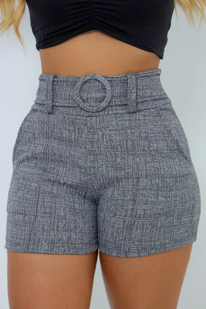 Short Feminino jackar linho Cinza Clara Mescla com cinto fixo com elastano - 4