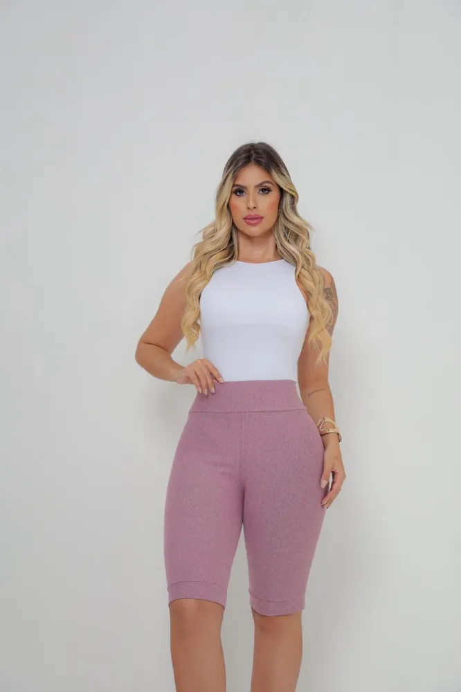 Bermuda Jeans Cotton Malha PA Cor Rose Cintura Alta