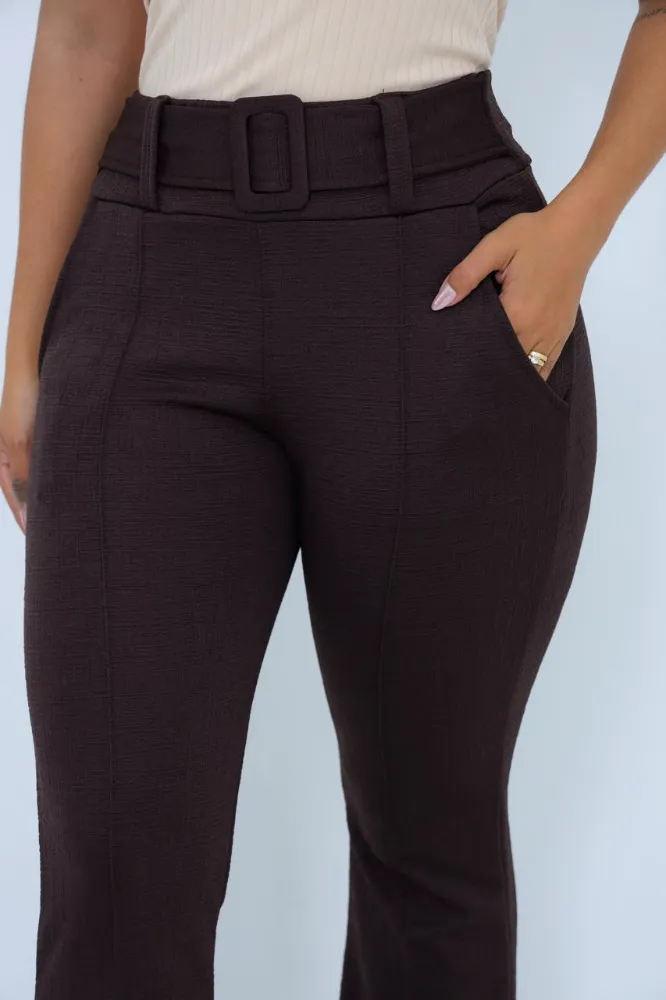 Calça flare Social Bailarina Jacquard linho Marrom com cinto fixo com bastante elastano e cintura alta - 3