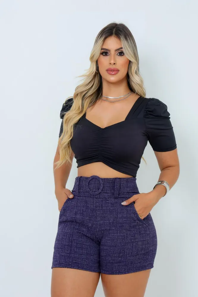 Short Feminino jackar linho Azul Mesclada com cinto fixo com elastano
