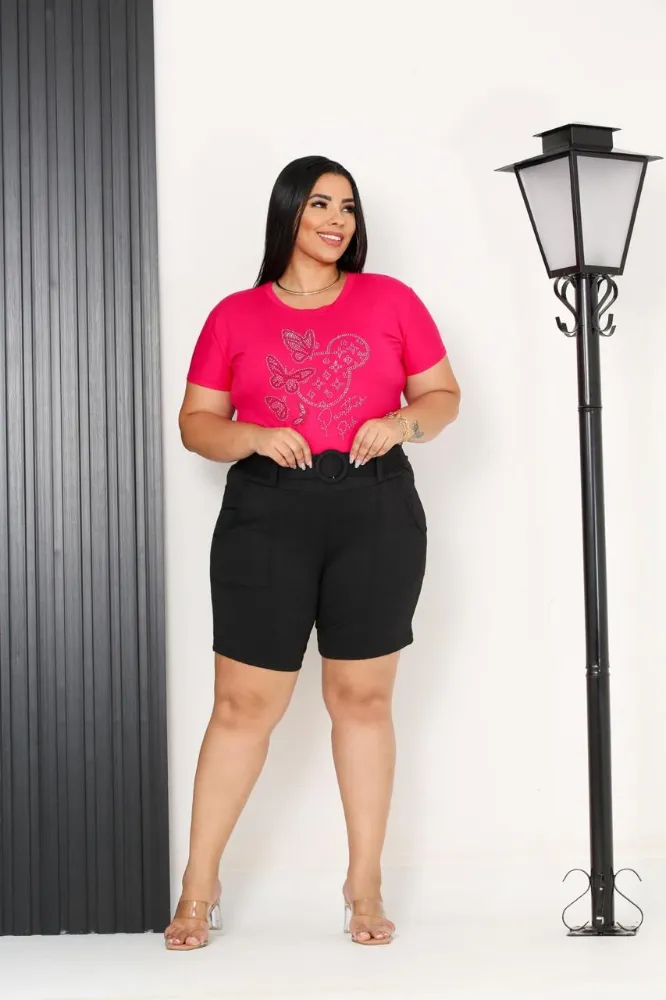 Shorts feminina plus Size jackar linho Preto liso mesclado com cinto fixo - 2