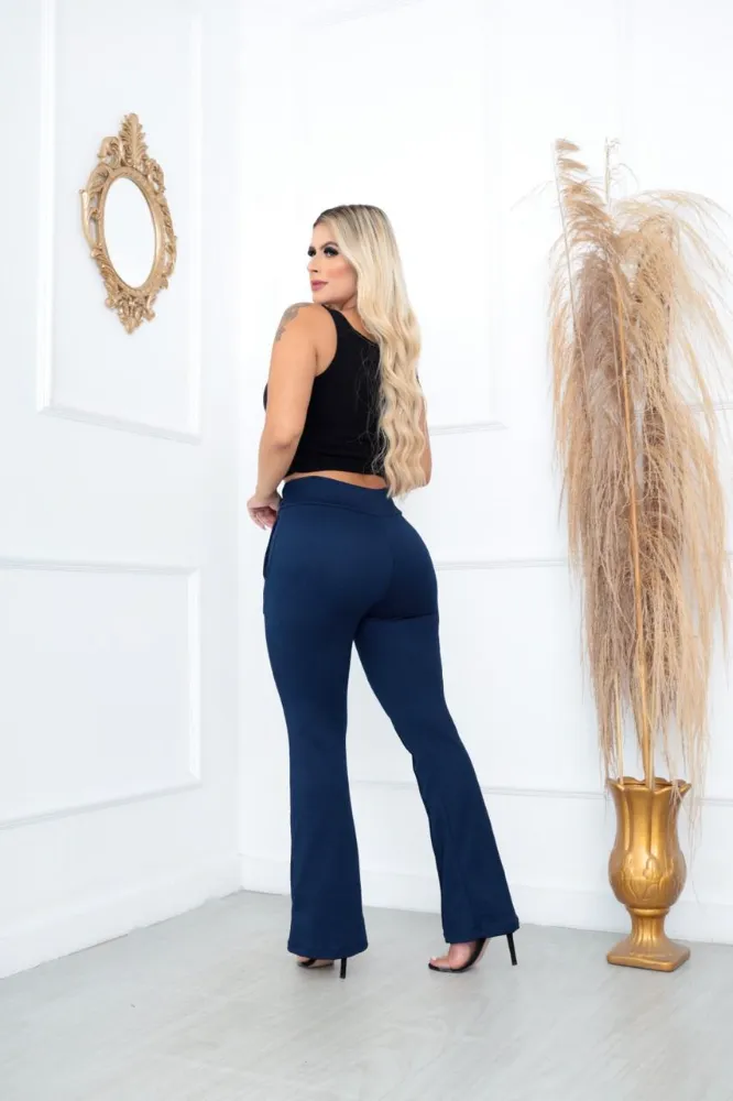 Calça flare Cor Azul Marinho Mesclada Social Bailarina Jacquard linho com cinto fixo com bastante elastano e cintura alta - 2