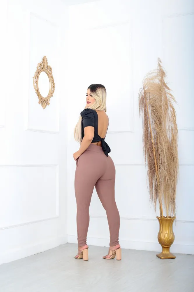 Calça leggings social Cor Kaki tecido pop com cinto fixo e com elástano cintura alta - 2
