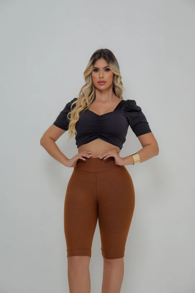Bermuda Jeans Cotton Malha PA Cor Caramelo Cintura Alta