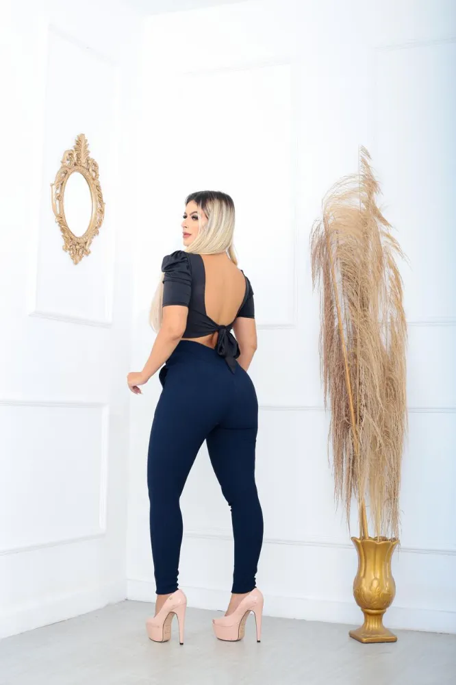 Calça leggings social Cor Azul Marinho tecido pop com cinto fixo e com elástano cintura alta - 4