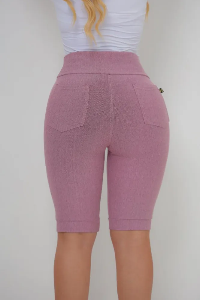 Bermuda Jeans Cotton Malha PA Cor Rose Cintura Alta - 4