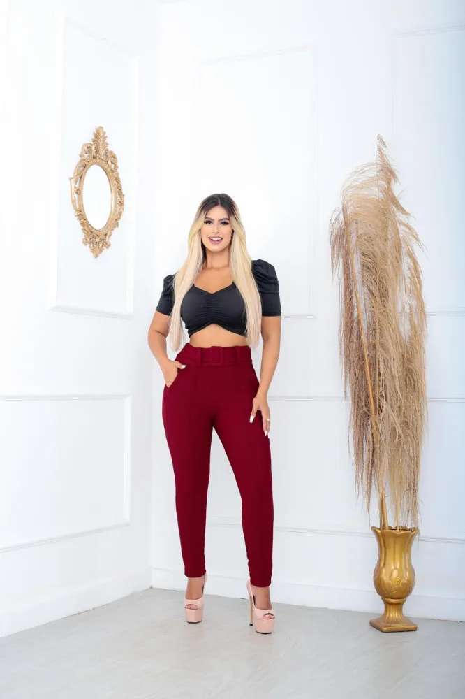 Calça leggings social Cor Vinho tecido pop com cinto fixo e com elástano cintura alta - 4