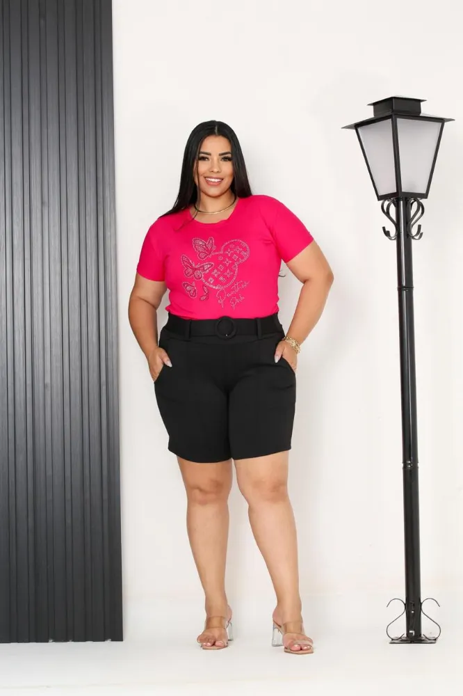 Shorts feminina plus Size jackar linho Preto liso mesclado com cinto fixo - 3