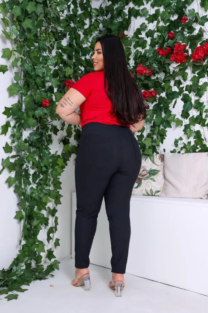 Calça Legging Jeans Malha Cotton Preto liso Plus Size feminina - 3