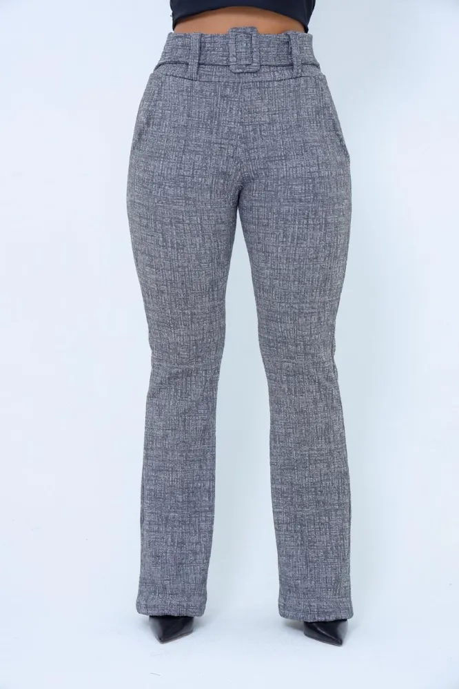 Calça flare social bailarina jacquard linho Cinza clara com cinto fixo com bastante elastano e cintura alta - 3
