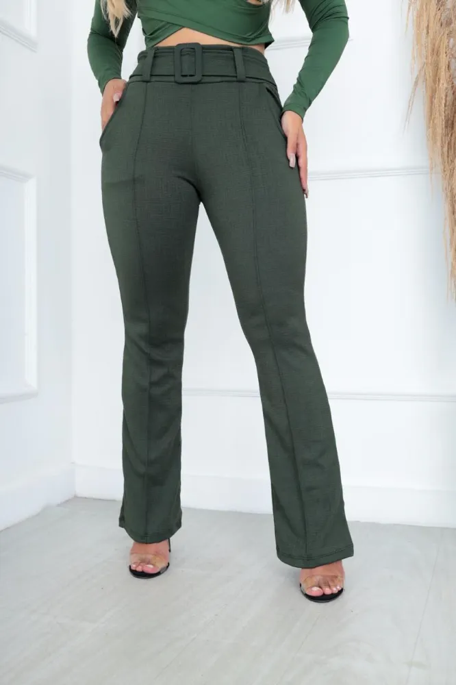 Calça flare Cor Verde Musgo Mesclada Social Bailarina Jacquard linho com cinto fixo com bastante elastano e cintura alta - 2