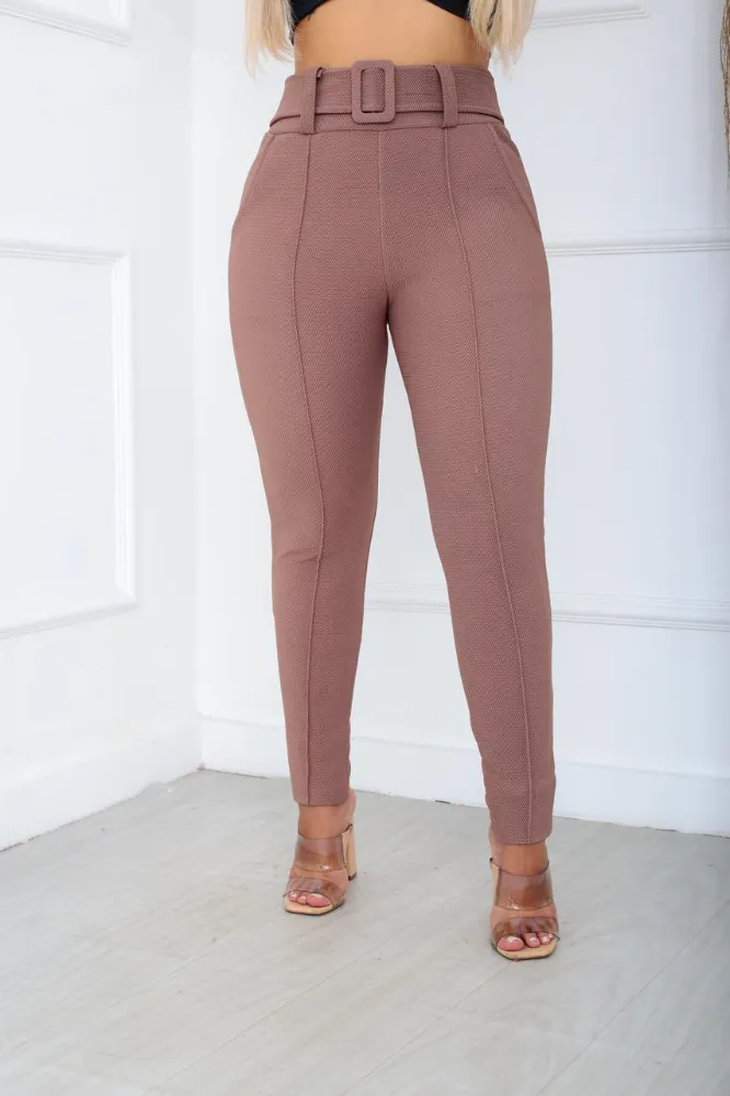 Calça leggings social Cor Kaki tecido pop com cinto fixo e com elástano cintura alta - 4