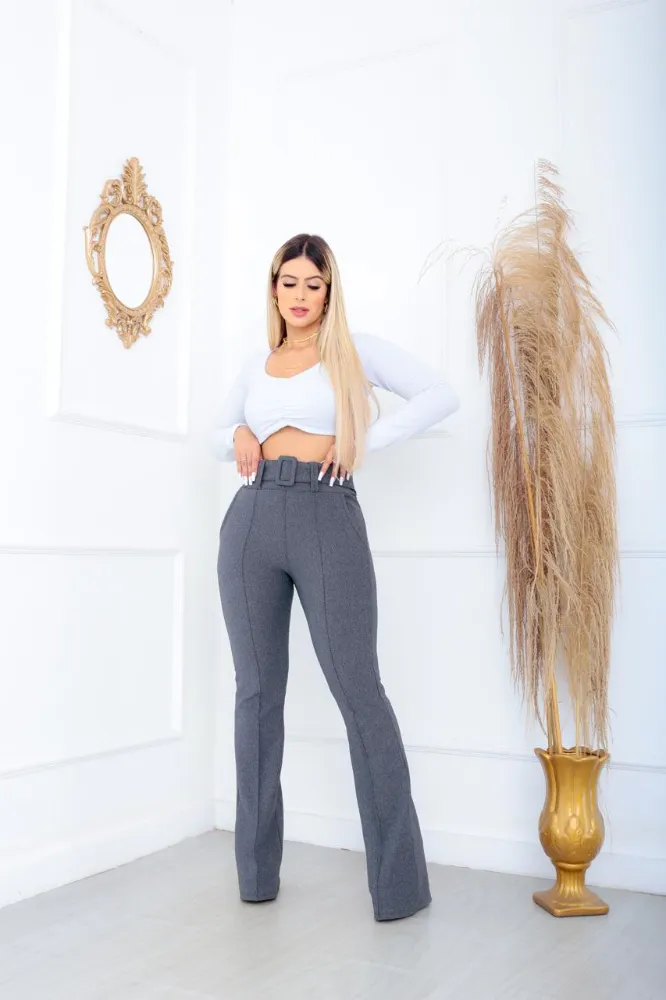 Calça Flare social bailarina Cor Grafite tecido pop com cinto fixo cintura alta com elastano